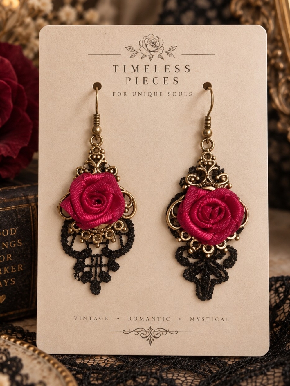 Vintage Inspired Rose Metal & Lace Drop Earrings New